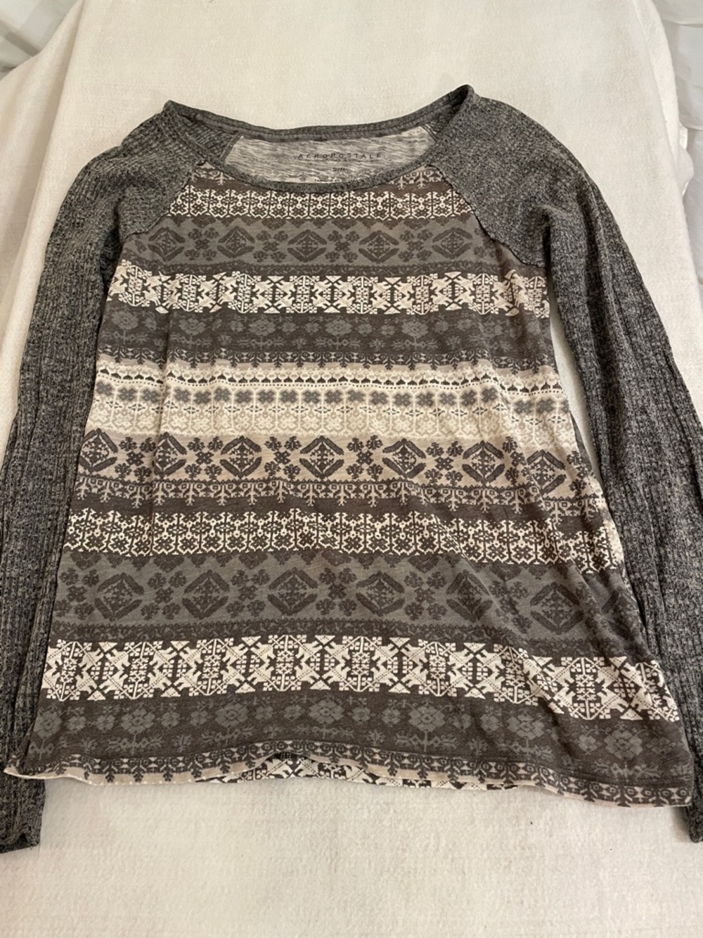 Aeropostale Grey and Cream Fair Isle Crew Neck Top